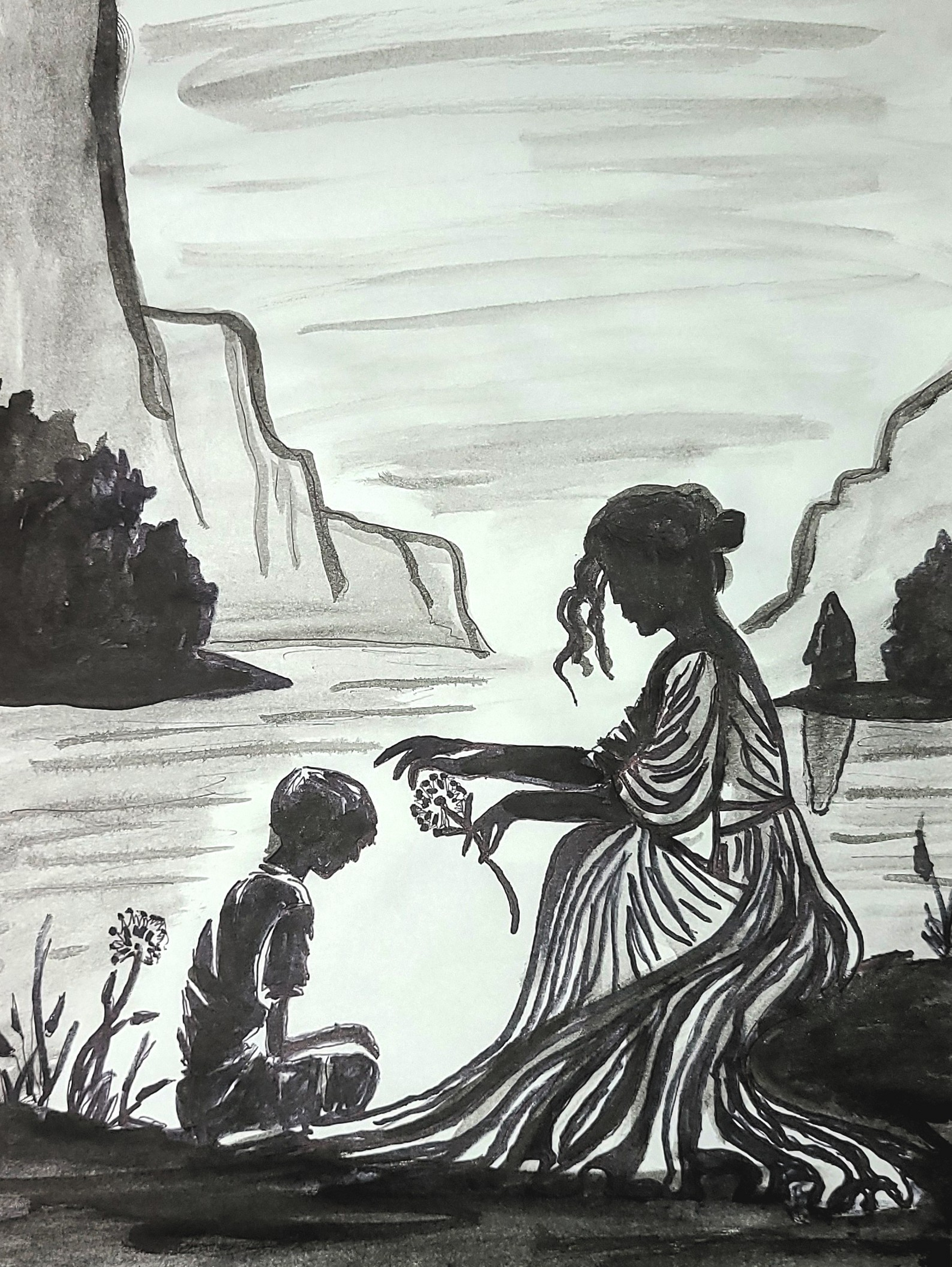 Watercolor painting of a robed woman kneeling beside a small child, offering a flower in an open landscape with cliffs in the distance.