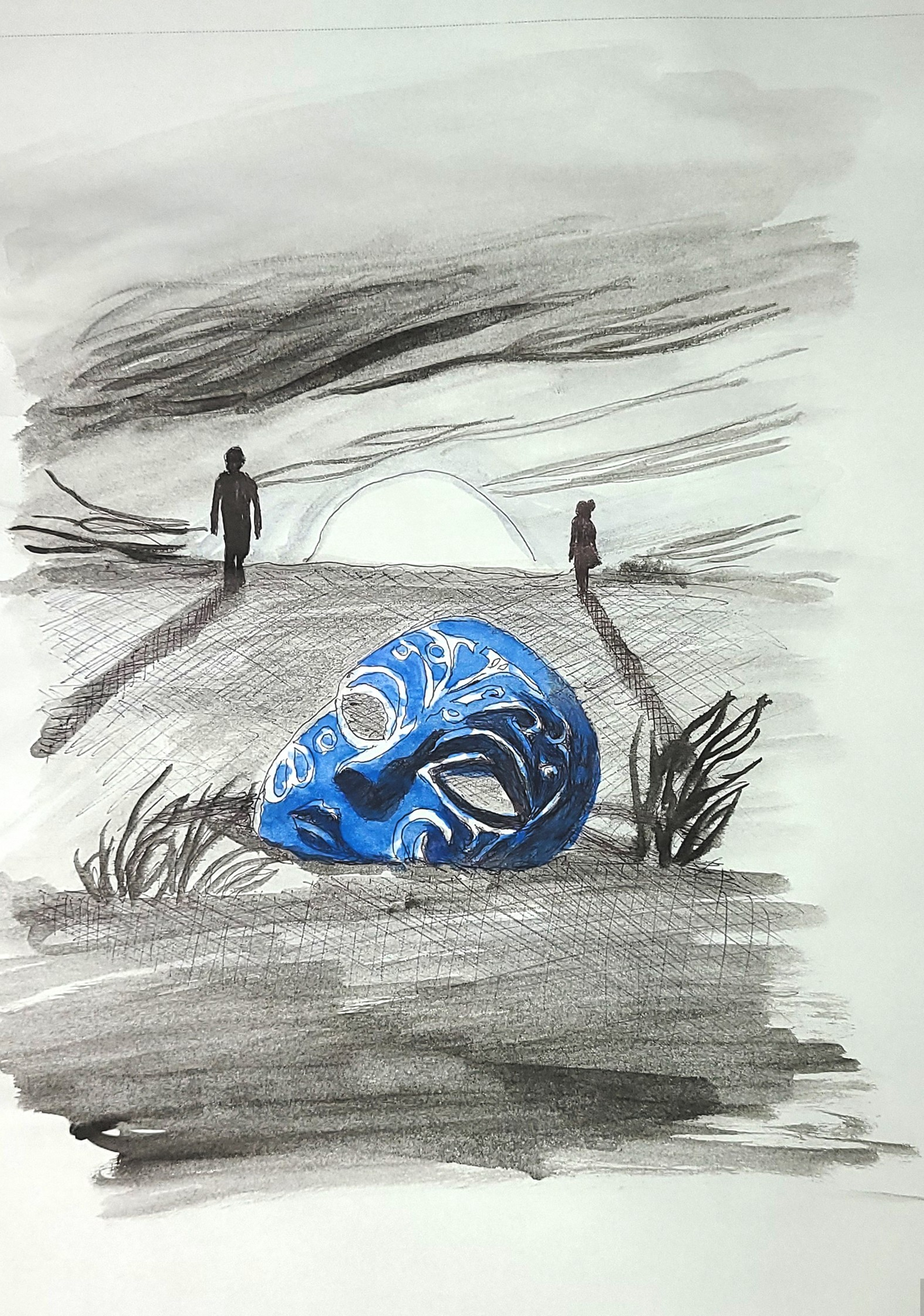 Watercolor painting of an ornate blue mask resting on the ground in a windswept landscape, with two small distant figures walking past it.